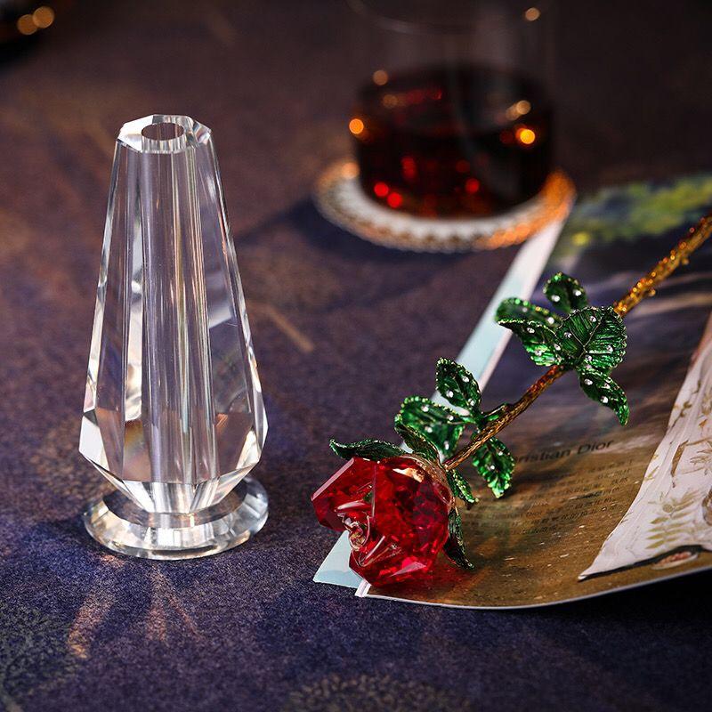 Crystal Rose Vase Figurine Golden Green Leaves Rose Ornament Home Decor Birthday Wedding Gift