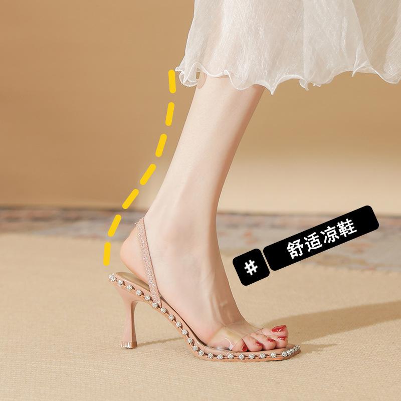 7303 [sheepskin] High-heeled Sandals Women's Thin Heels Summer 2025 New Transparent One-word Cold Slippers with Rhinestones