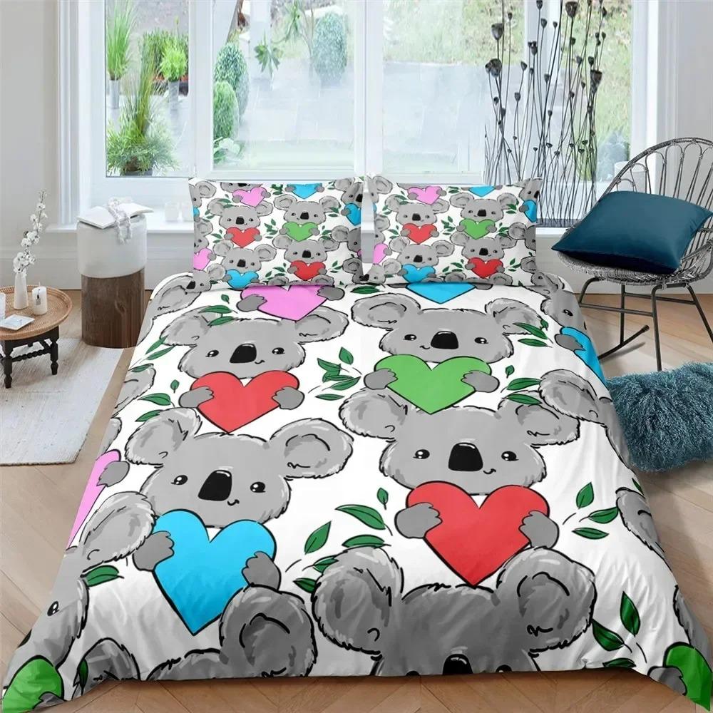 phechion Cartoon Koala Bedding Set Soft Comforter Cover With 1/2pcs Pillow Shams For Kids Adults Microfiber Quilt Cover