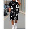 Fashion Men's Black and White Flower Graphic Print T-shirt Shorts 2-piece Set O-neck Short Sleeve Top Elastic Waist Shorts Set