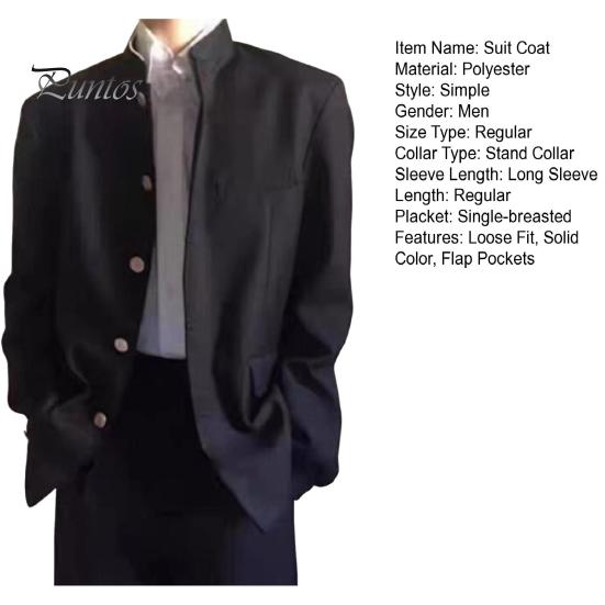 Men Suit Coat Solid Color Stand-up Collar Single-Breasted Formal Jacket with Flap Pockets Chinese Tunic Suit