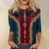 Trendy Vintage 3/4 Sleeve Top For Women,Ladies Casual Three Quarter Sleeve Round Collar Printed T-Shirt Blouse
