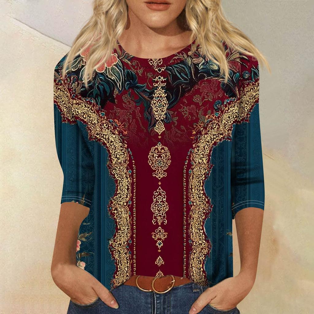 Trendy Vintage 3/4 Sleeve Top For Women,Ladies Casual Three Quarter Sleeve Round Collar Printed T-Shirt Blouse