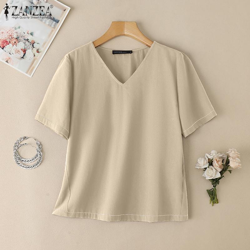 ZANZEA Damen Lässiges Sommer V-Ausschnitt Kurzarm Baumwoll-T-Shirt