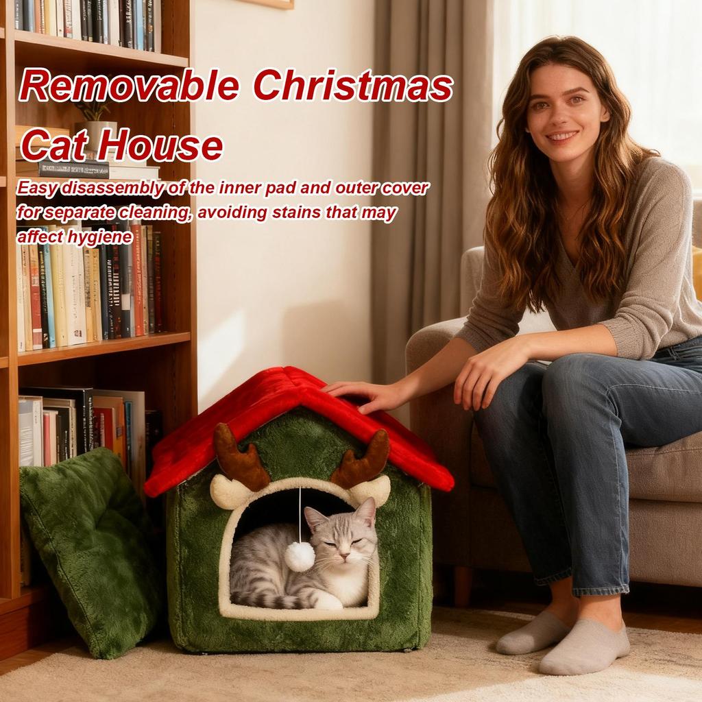 Christmas Cat House Washable Warm Furniture Christmas Cat House Winter Nest For Bedroom Living Room Balcony Playing Resting