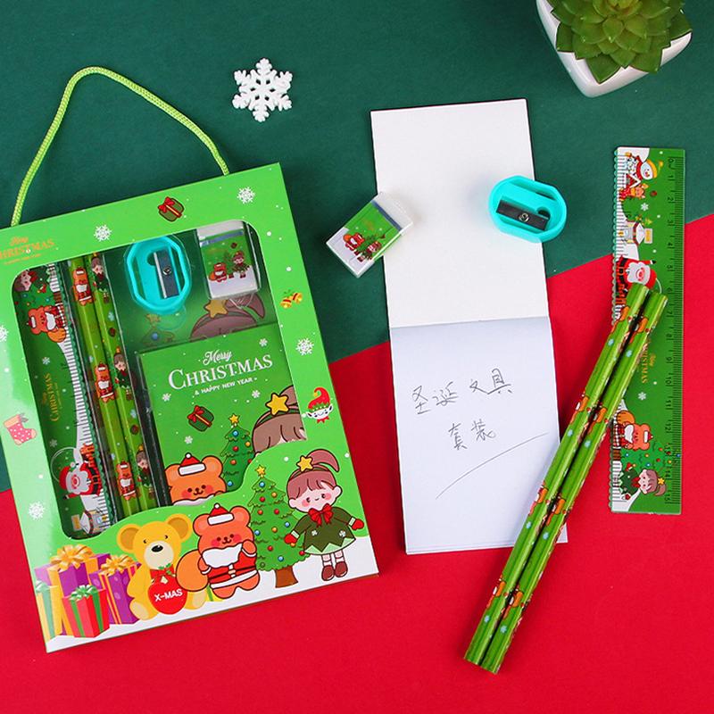6Pcs/Set Christmas Series Stationery Including 2 Pencils 1 Erasers 1 Pencil Sharpeners 1 Sticky Notes 1 Rulers School Supplies