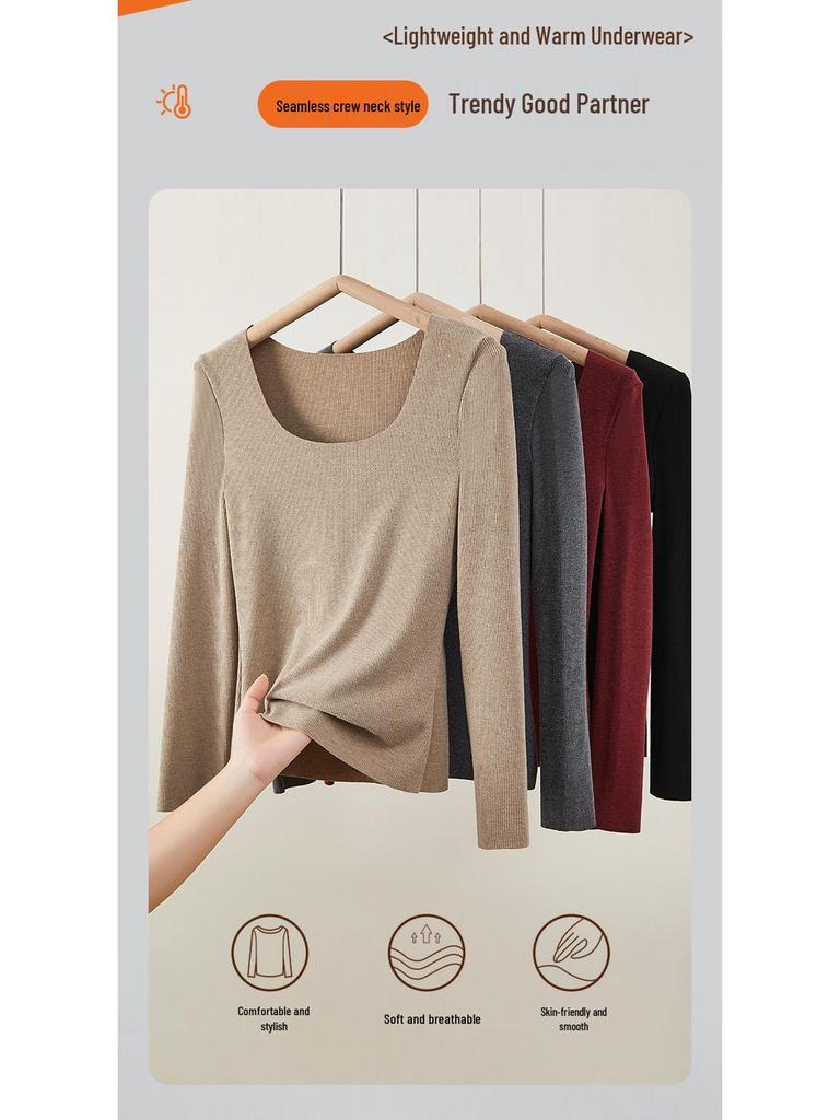 Seamless Women's U-Neck Long Sleeve Base Layer - High Elastic, Skin-Friendly, Slimming Warm Innerwear for Autumn & Winter