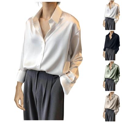 Women's Casual Solid Color Button-down Shirt Retro  Long Sleeve Hanging Top