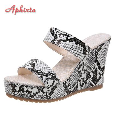 Aphixta 10cm Keilabsatz Schlangenmuster Plateau Pantoletten Damen Leinen Rutschfeste Sandalen Clog Schuhe Slides Große Größe 42