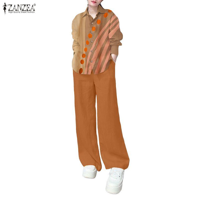 ZANZEA Women Long Sleeve Print Blouse and Pants Casual Two Piece Suit Sets