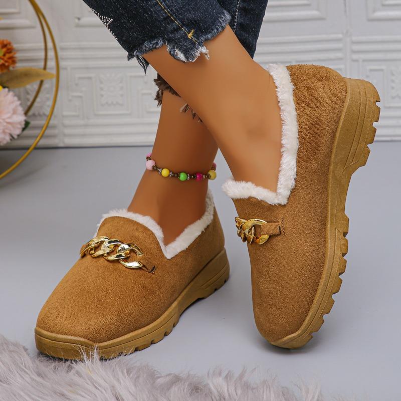 Fashion Women's Thick Plush Flat Shoes 2024 Autumn and Winter Solid Color Soft Sole Slip-On Loafers Comfortable Warm Casual Shoes