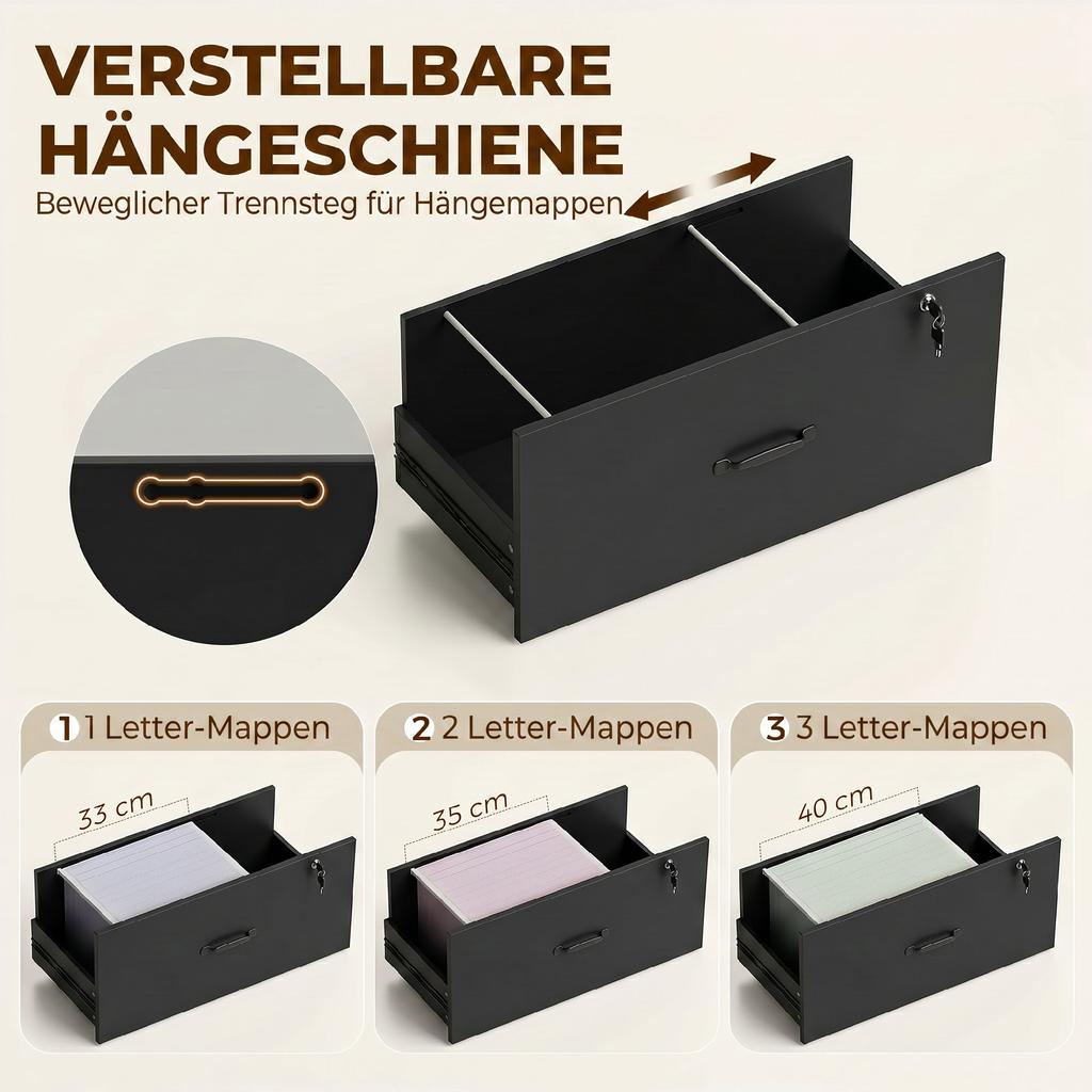 Filing Cabinet with Drawers, Lockable Storage Cabinet with Bookshelf for A4, Letter and Legal Formats, Black