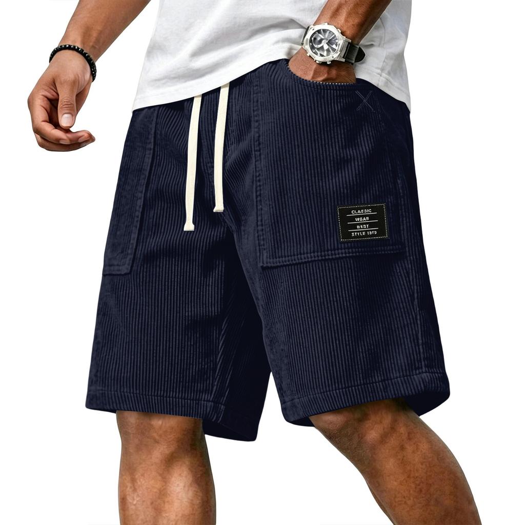Men's Casual Corduroy Drawstring Shorts with Front Patch Pockets and Elastic Waistband Suitable for Everyday Wear and Outdoor Activities