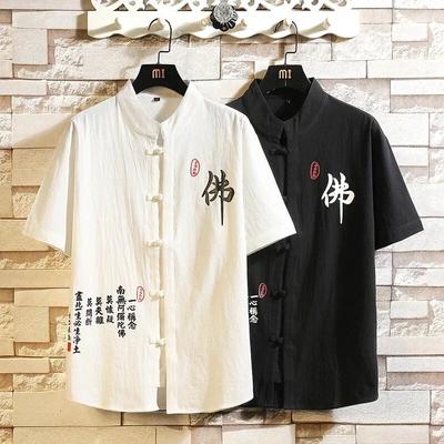 Men Chinese Style Shirts Mens  Tang Suit Linen 3/4 Sleeve Solid Traditional Kung Fu China Type Hanfu Shirt