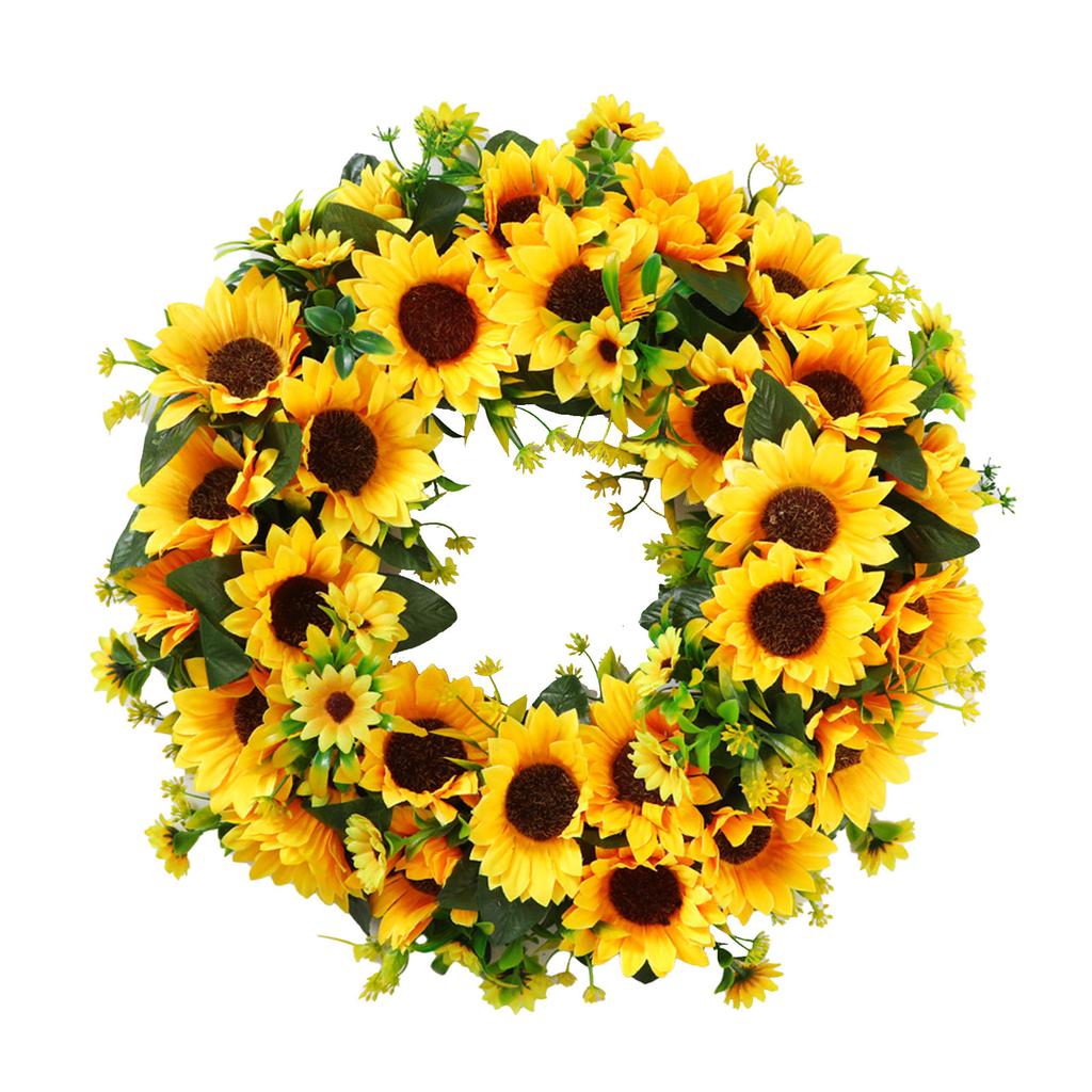Künstlicher Sonnenblumenkranz mit grünen Blättern Hängender Falscher Frühlingskranz für Haustür Eingangsbereich Wand Heimdeko Außen