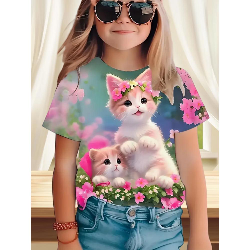 Children's Clothes Funny Cat Pattern 3D Print Summer Short Sleeve Tee Topstrendy Girl Clothes Round Neck Tops T-Shirts for Girls