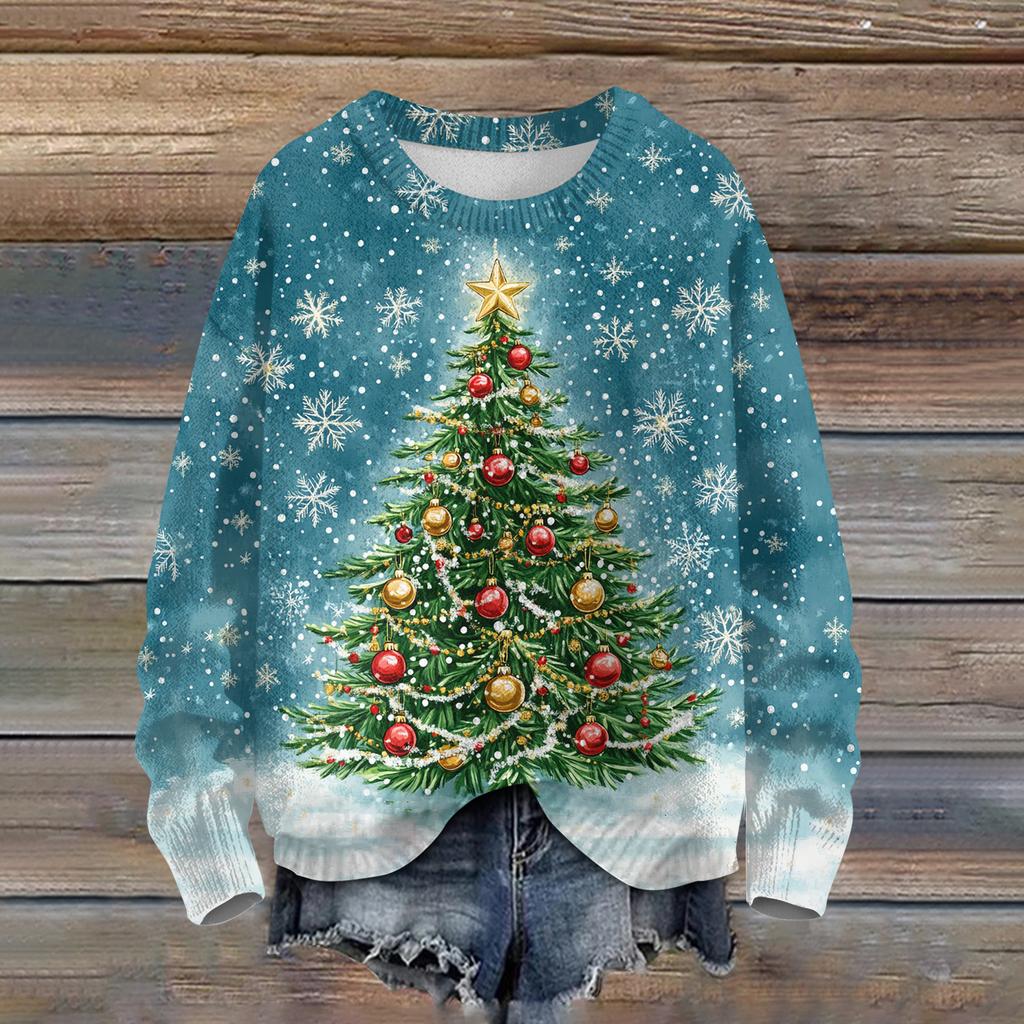Ladies' Fashionable Casual Long Sleeved Beautiful Christmas Tree Print Round Neck Yarn Knitting