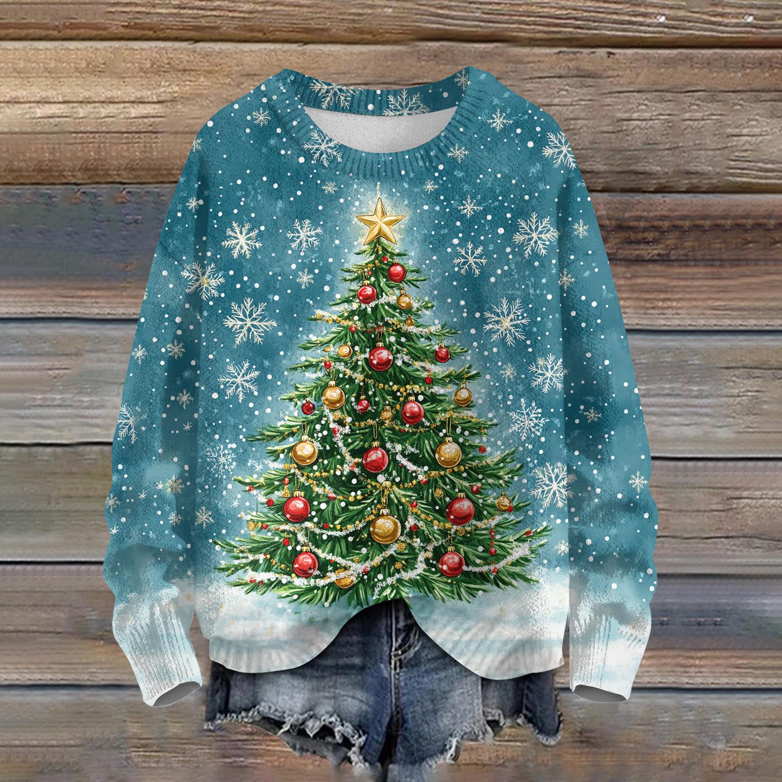 

Женский модный повседневный трикотаж с длинными рукавами и красивым принтом рождественской елки, круглый вырез S