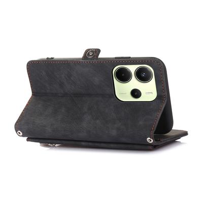 For Xiaomi Redmi Note 14 5G Case Zipper Pocket 9 Card Slots PU Leather Phone Cover with Wrist Strap