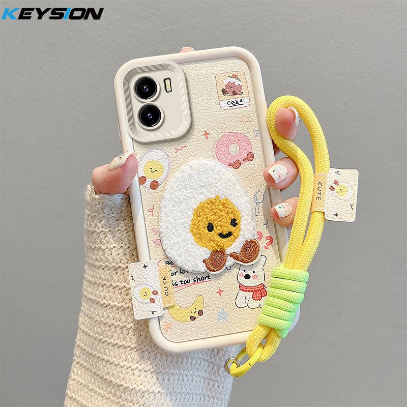KEYSION Cartoon Cute Plush Embroidery Case for VIVO Y15S Y15A with Lanyard Soft Silicone Shockproof Phone Cover for VIVO Y16 Y01
