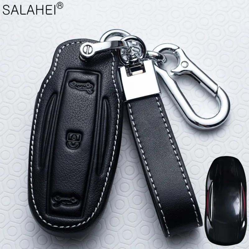 Leather Car Remote Key Fob Case Cover For Tesla Model X Model S Model 3 Car-Styling Protection Holder Shell Keychain Accessories