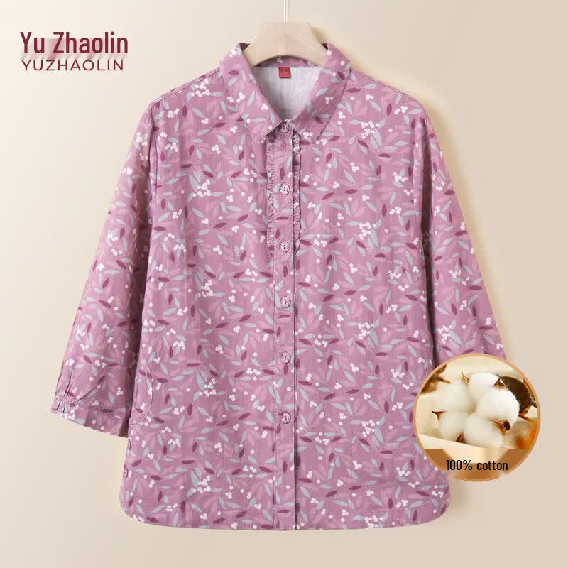 YUZHAOLIN Women s 100% Cotton Floral Nine-Quarter Sleeve Shirt XL