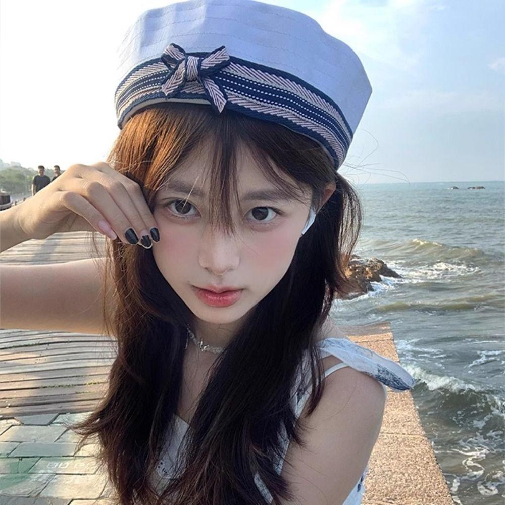 Japanese Women's Navy Hat Flip Brim Y2k Berets Fashion Bow Sailor Caps  Streetwear