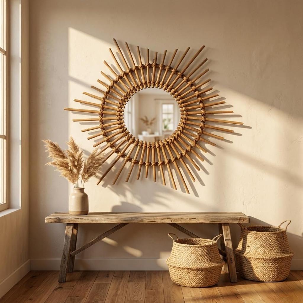 Eco Decx Handcrafted Rattan Sunburst Wall Mirror, Boho Round Cane Hanging Mirror for Bedroom, Bathroom & Living Room Decor, 65  x  2  x  65 cm