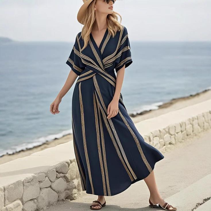 New European & American Summer V-neck Women's Ruffle Swing Dress