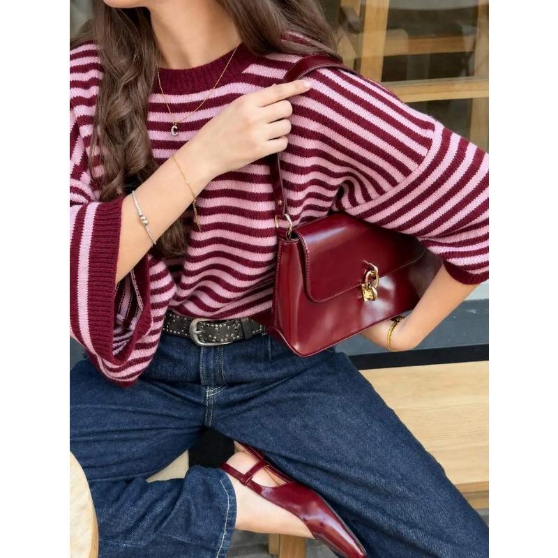 Women Loose Fit Crew Neck 3 4 Sleeve Striped Knit Sweater