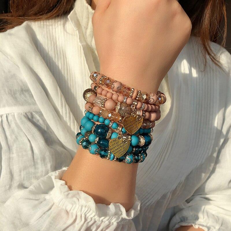 4 Stück/Set Boho Strand Armbänder Für Frauen Kristallperlen Armbänder Herz Buchstaben Elastische Armreifen Armband Yoga Schmuck Geschenke