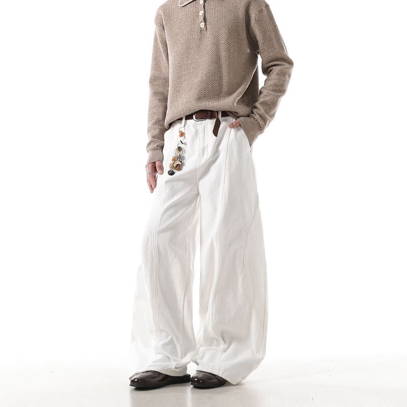 Dream Made American-Style Deconstructed Three-Dimensional Cut Scimitar Jeans for Men, Autumn Straight-Leg Wide-Leg White Pants