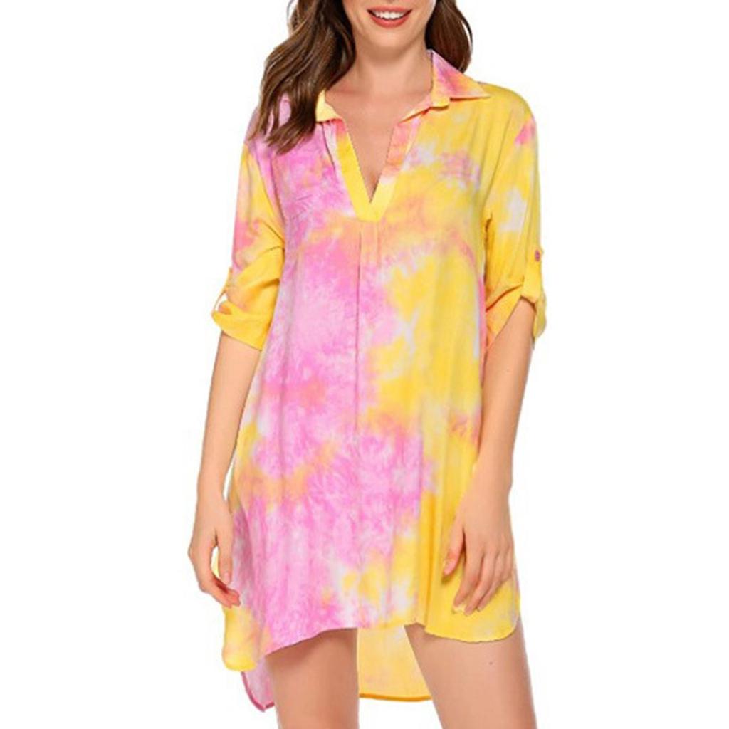 Damenmode bedrucktes, entspanntes, langärmliges, kurzes Strandblusen-Hemdkleid mit V-Ausschnitt