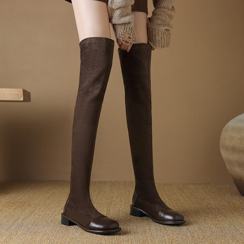 British Splicing Suede Skinny Boots Over Knee Boots Tall Knight Boots Mid Heel Boots 33-43 Boots