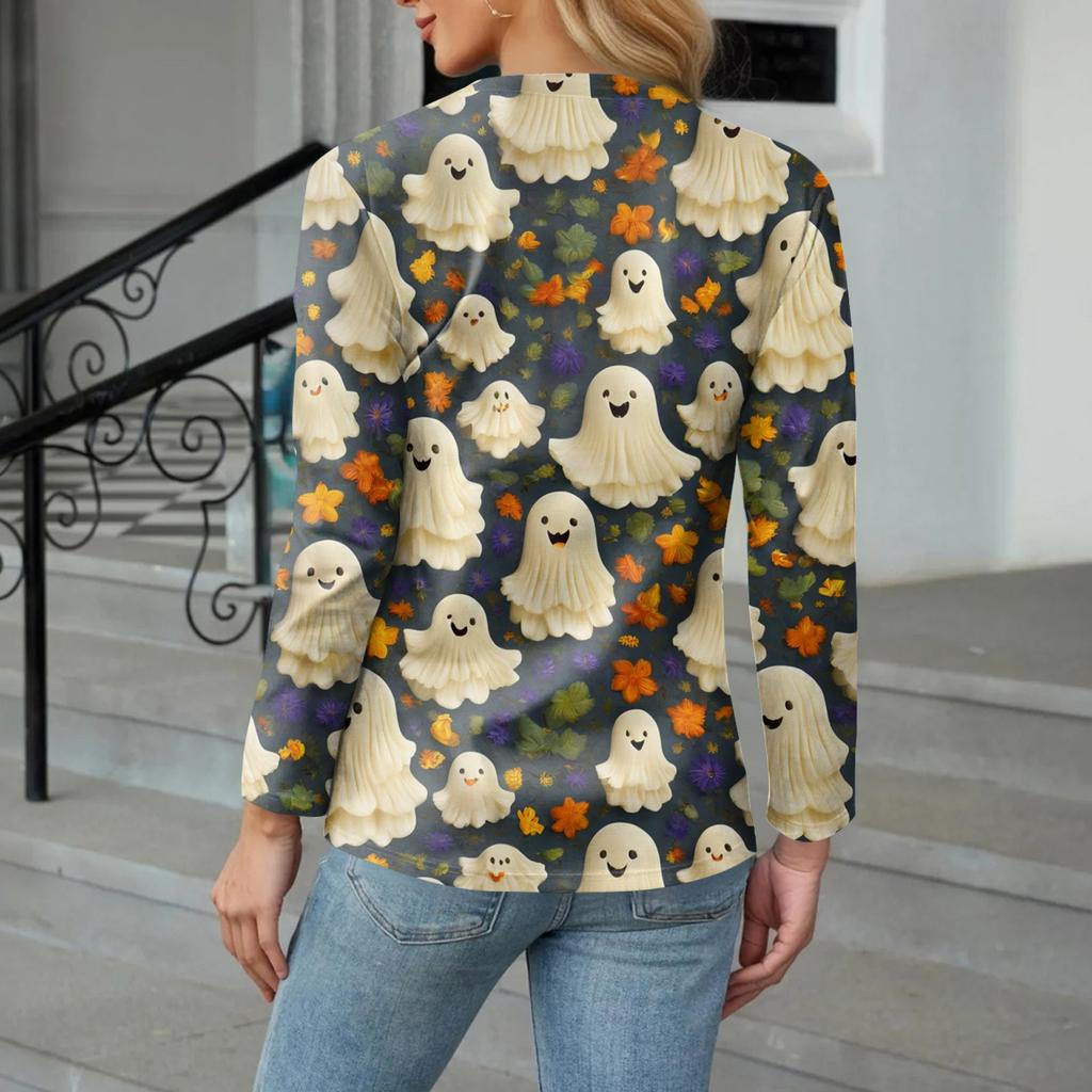 Women's Casual Fashion Sexy Comfort Halloween Printed V-Neck Button Long Sleeve