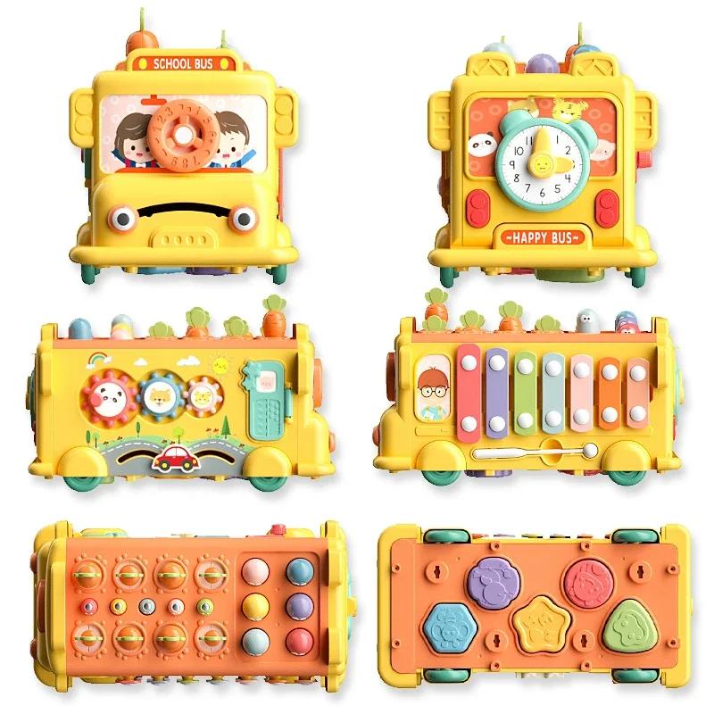 Bus Knocking Hammer Game Baby Montessori Kids Toys Fishing Maze Puzzle Music Multifunctional Bus Storage Box Educational Toys