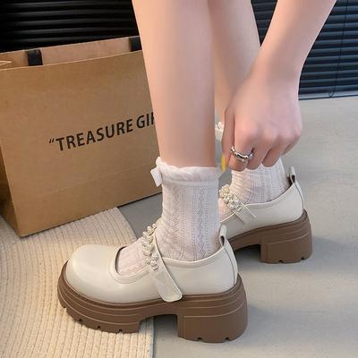 French White Mary Jane Small Leather Shoes Women's 2025 Spring New Thick Heel Thick Sole with Skirt Shorty Le High Heels