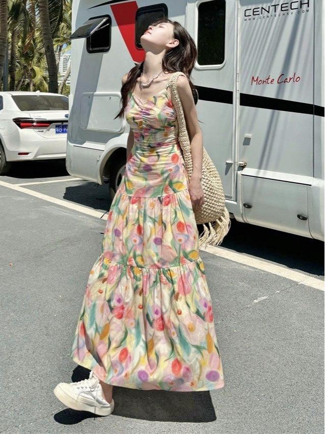 Seaside Chic Floral Spaghetti Strap Maxi Dress