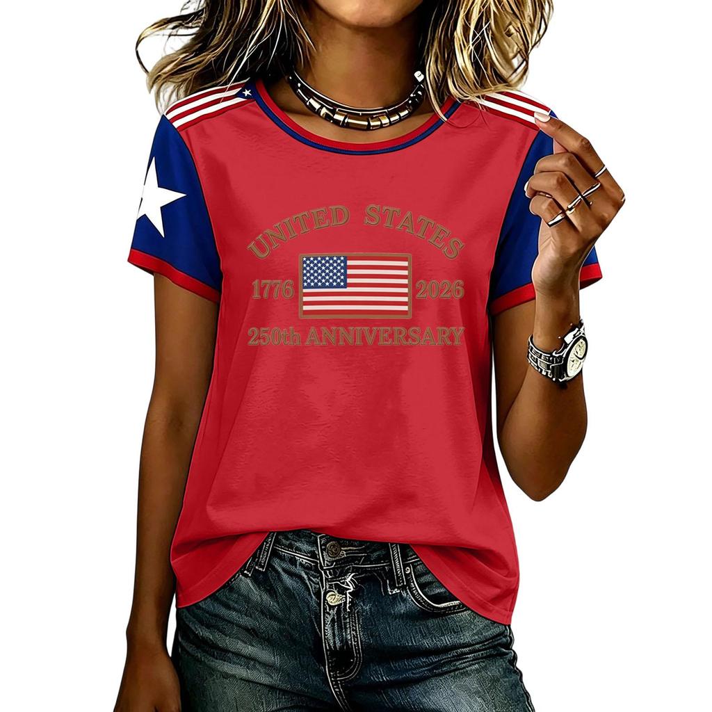 Womens Short Sleeve Crewneck T Shirt States 250th Anniversary 1776 2026 Graphic Top Casual Loose Fit Tee