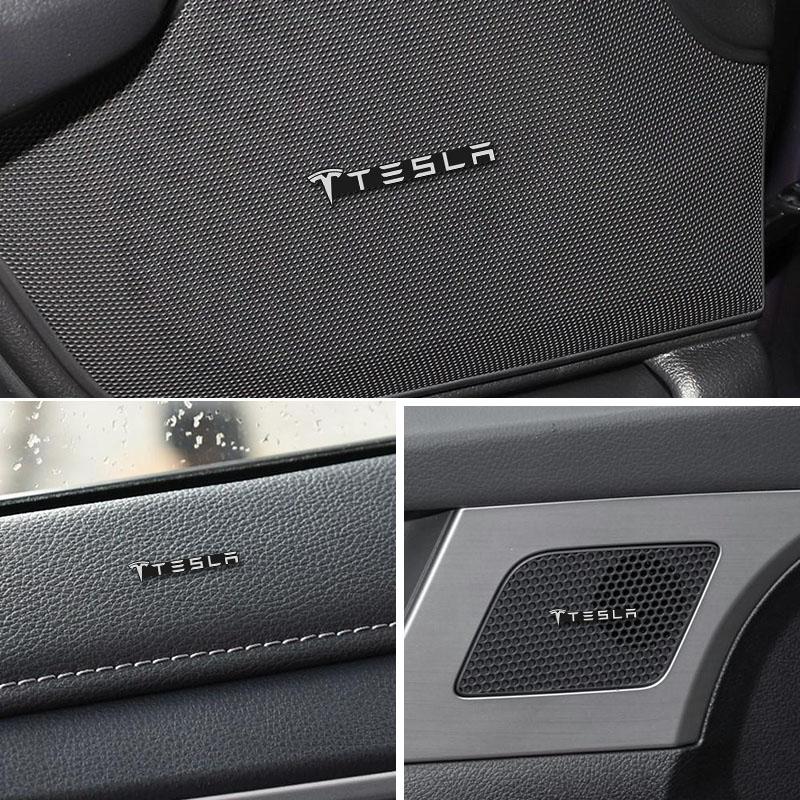 Auto Audio Aluminium Lautsprecher Stereo Aufkleber Auto Zubehör Hülle Für Tesla Model 3 Y Coil S X Bonina Spielzeug Cybertruck Roadster