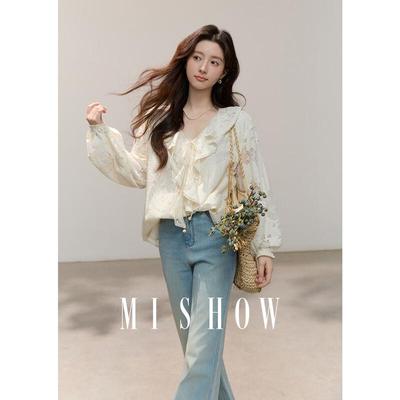 Mishow Women's Lace Ruffle V-Neck Blouse