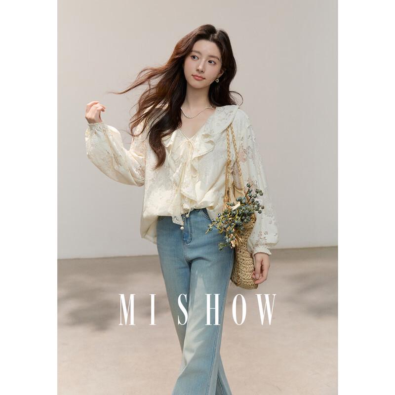 Mishow Women s Lace Ruffle V-Neck Blouse L
