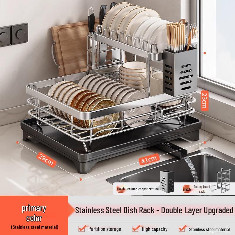 Stainless Steel Double Layer Dish Rack: Drains Bowls, Plates, and Chopsticks