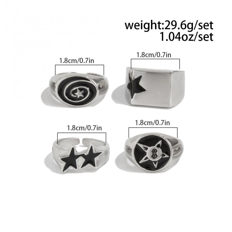 IF ME 4Pcs/Set Black Five-Pointed Star Wide Rings for Men Hiphop Silver Color Geometric Thick Opening Finger Rings Sets Jewelry Gifts
