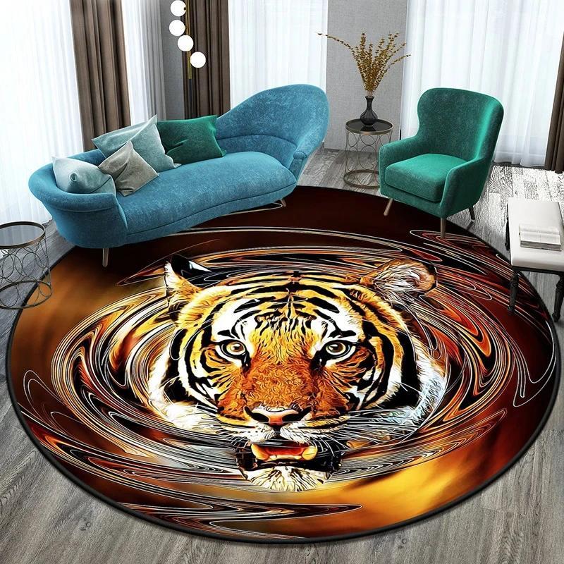 Cute Tiger Round Rug Wild Animal Carpet Non-slip Floor Mat for Living Room Bedroom Playroom Bathroom Decor Soft Circle Doormat