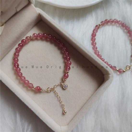 Natural Strawberry Quartz Pink Crystal14K Gold-plated versatile fresh ultra-fine bracelet for women, delicate and sparkling