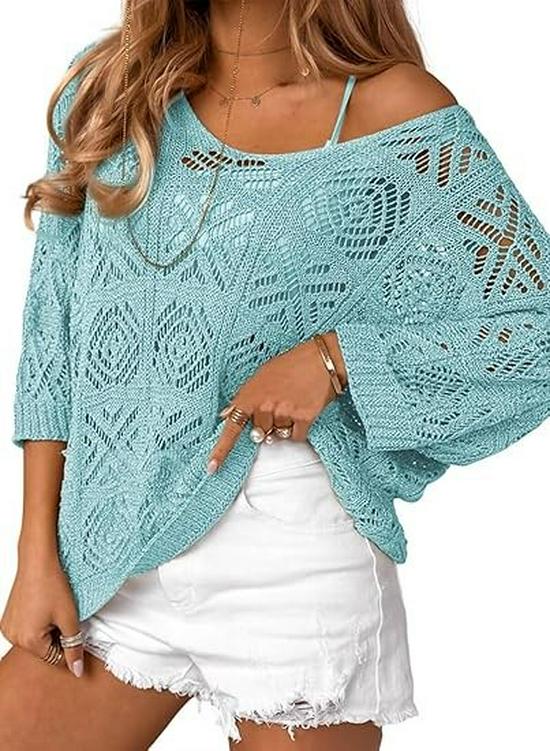 2025 Spring-Summer Crochet Hollow Seven-Sleeve Knit Pullover