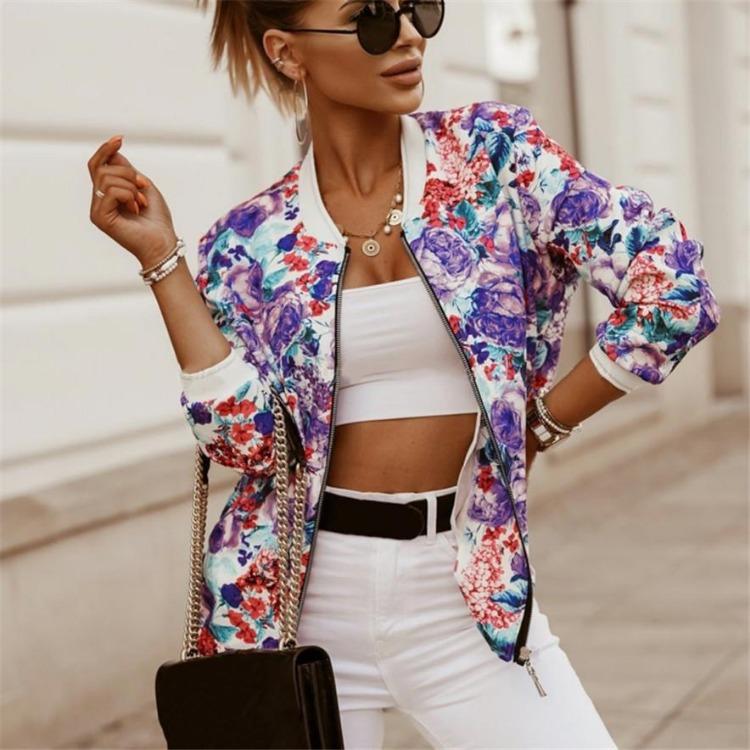 Trendy Floral Print Bomber Jacket Women Casual Short Zipper Slim Fit Streetwear