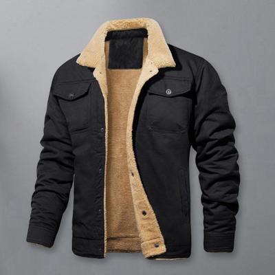 Men Cotton Jacket Lapel Long Sleeve Buttons Closure Thickened Velvet Lining Coat Solid Color Two Side Pockets Winter Outerwear