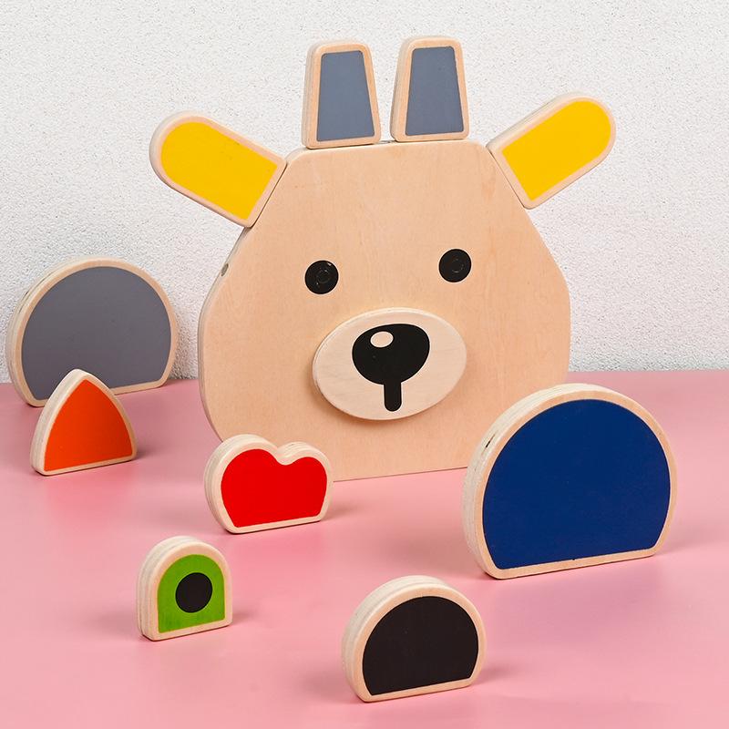 Wooden Children's Early Education Animal Face-changing Assembly Building Block Puzzle Hands-on Ability Cognitive Puzzle Puzzle Toy